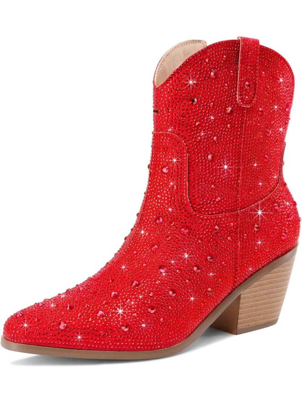 Women's Red Sparkly Ankle Cowgirl Boots Glitter Pointed Toe Block Chunky Heels